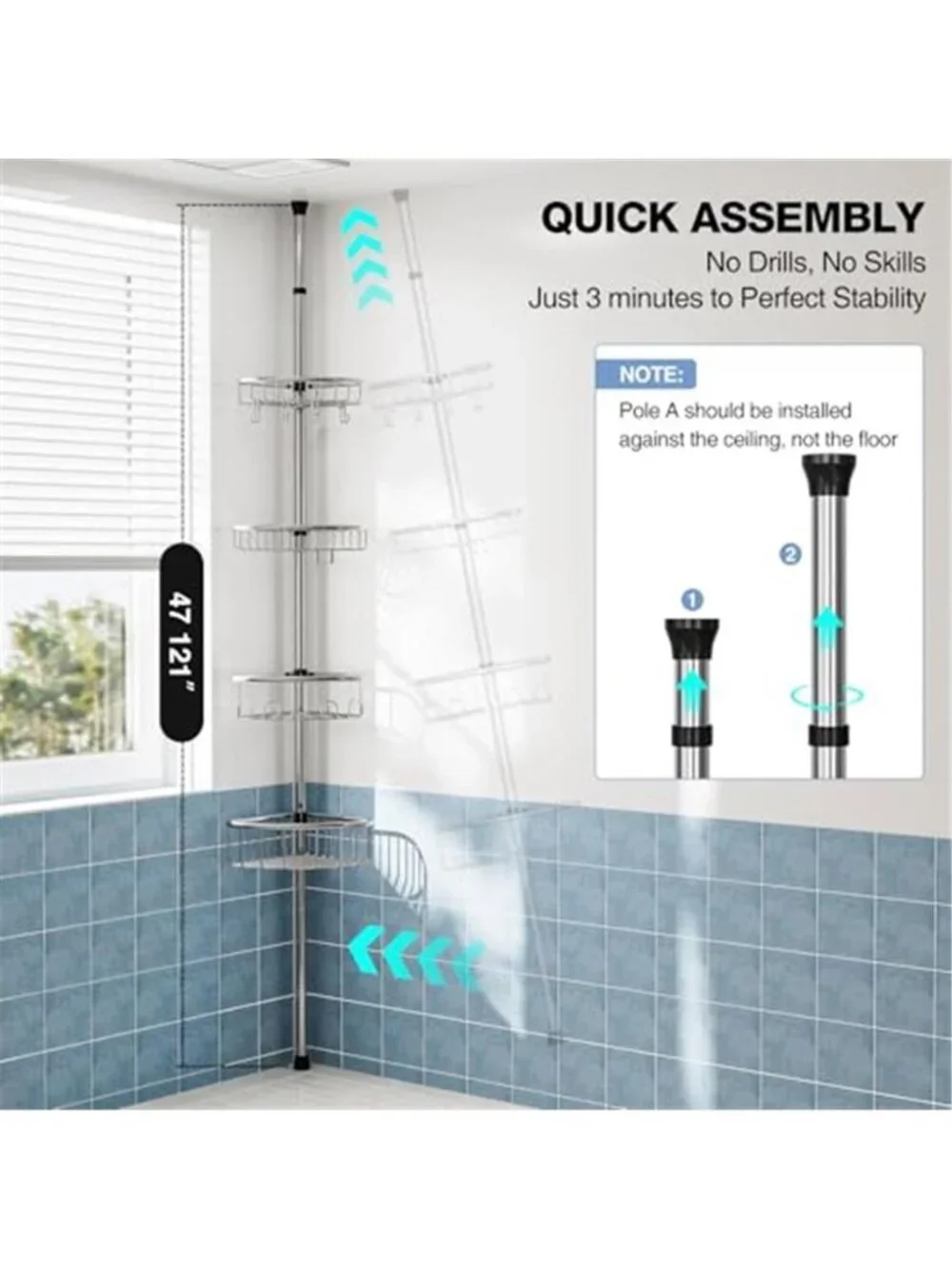 4 Tier Corner Shower Caddy Tension Pole Stainless Steel Bathroom Shelf Silver